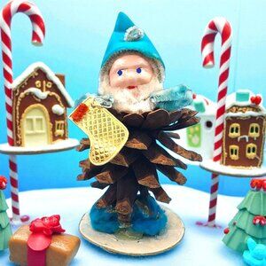 Vintage 1960s Pinecone Elf Ornament Blue Flocked Hat Chenille Arms Foil Stocking